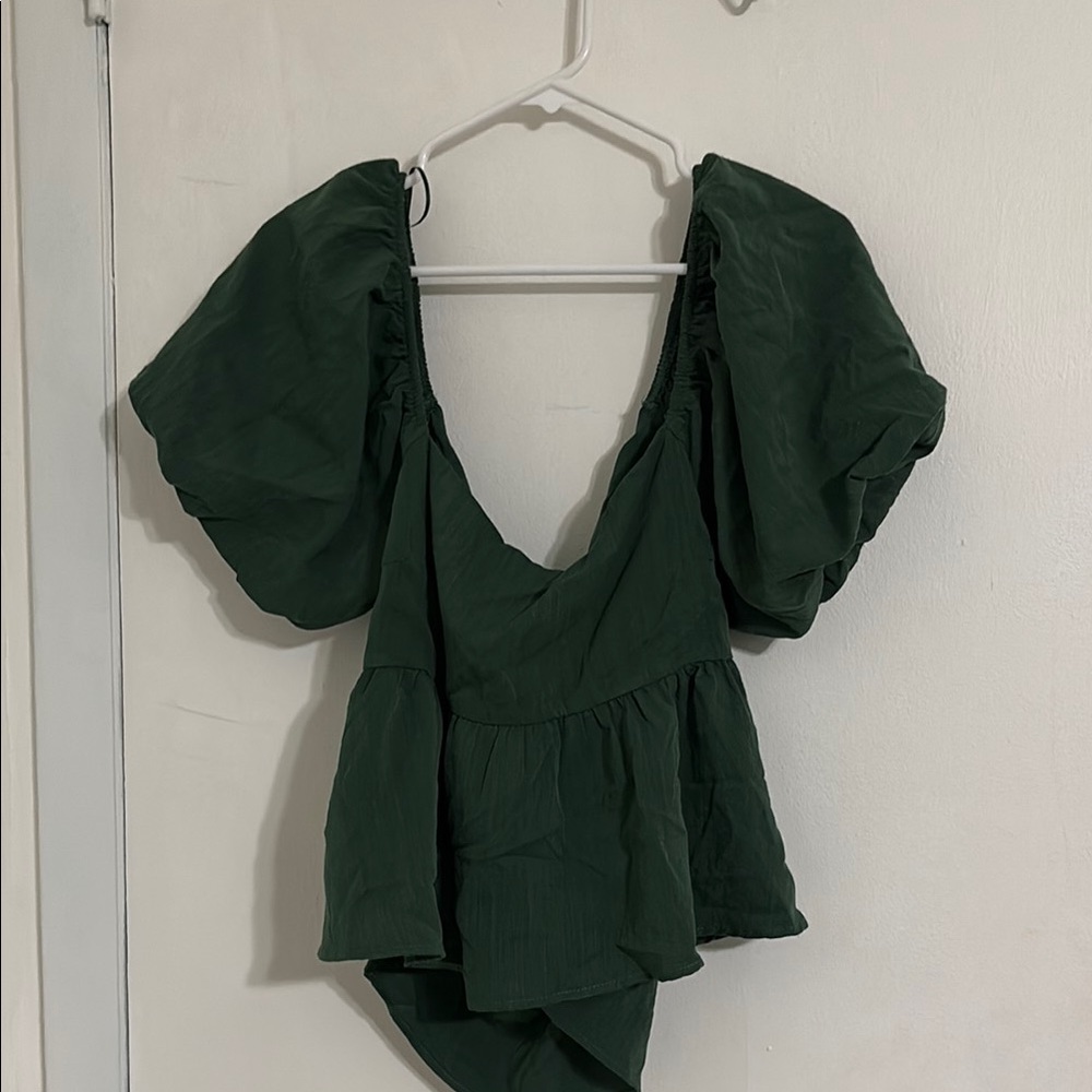 Dark Green Puff Sleeve Blouse